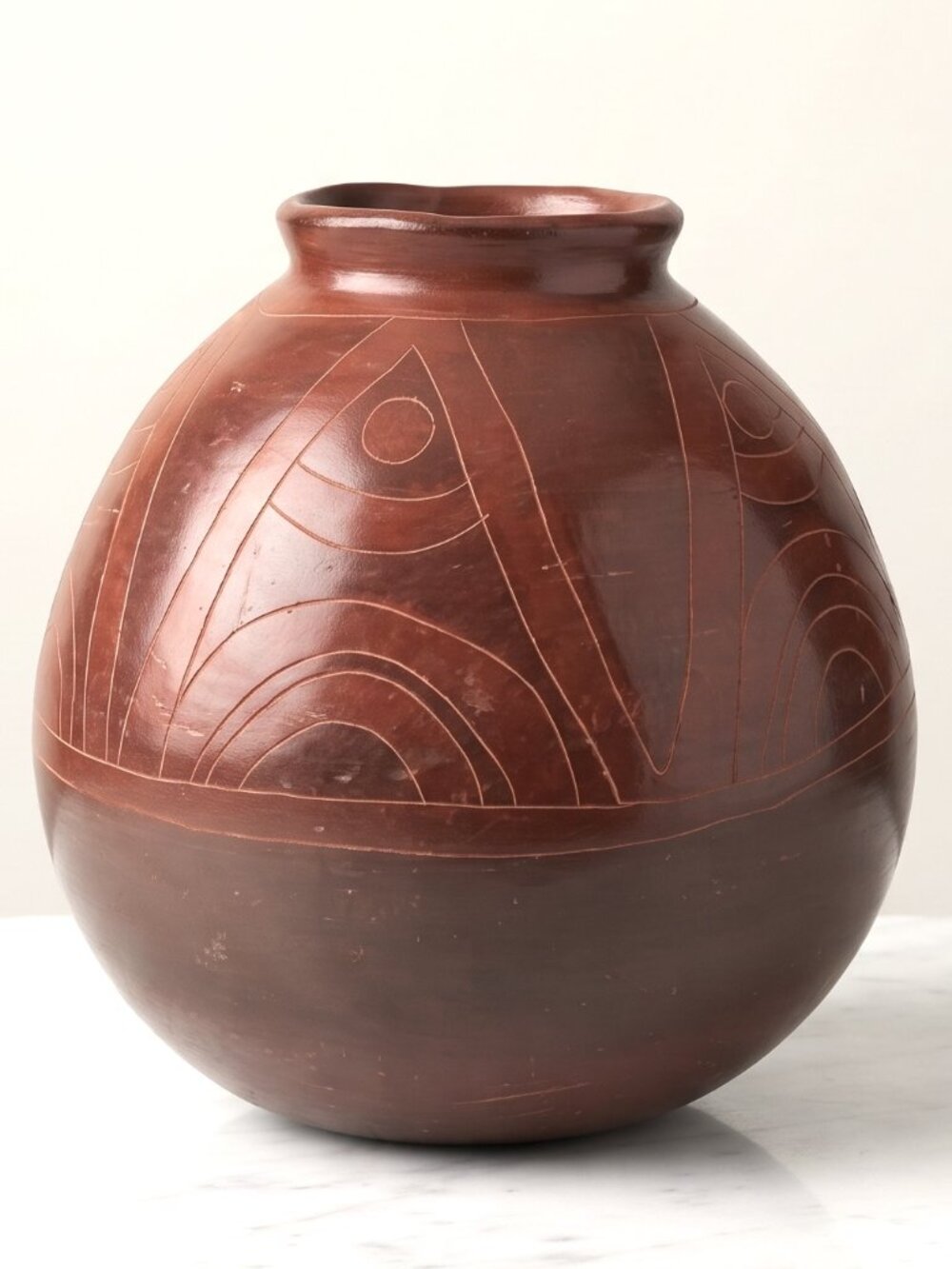 Vintage Nicaraguan Smoked Clay Vase Hand Etched Geometric Art Pottery 5" x 5.5"